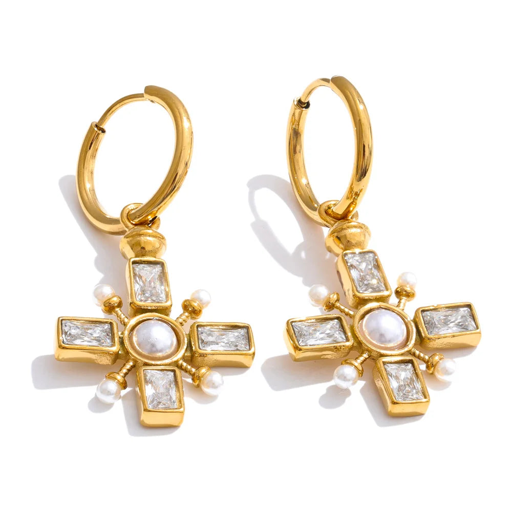 Yhpup brincos de argola com pérolas de zircônia, alta qualidade, cruz, aço inoxidável dourado, temperamento, joias diárias, presente