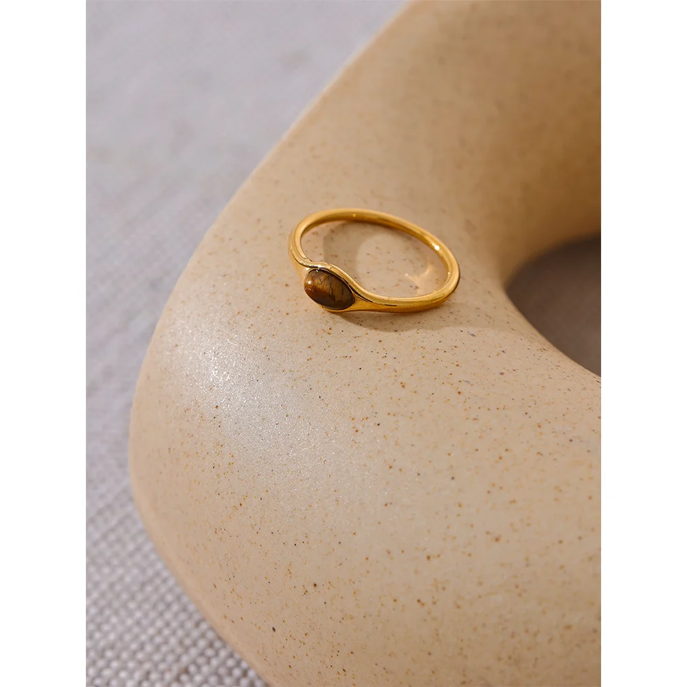 Yhpup chique pedra natural aço inoxidável moda anel minimalista cor de ouro à prova dwaterproof água frança jóias acessórios femininos presente