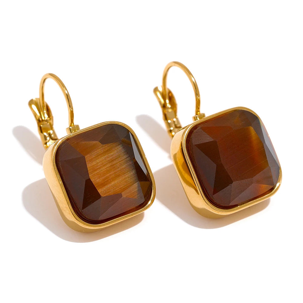 Yhpup delicado colorido vintage charme quadrado opala pedra brincos de gancho francês aço inoxidável 18k banhado a ouro joias à prova d'água