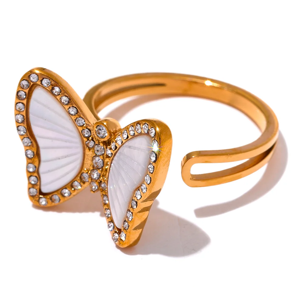Yhpup-Natural Shell CZ Anel De Borboleta De Aço Inoxidável, Zircônia Cúbica Incrustada, Cor Do Ouro, Moda Requintada, Acessórios De Jóias