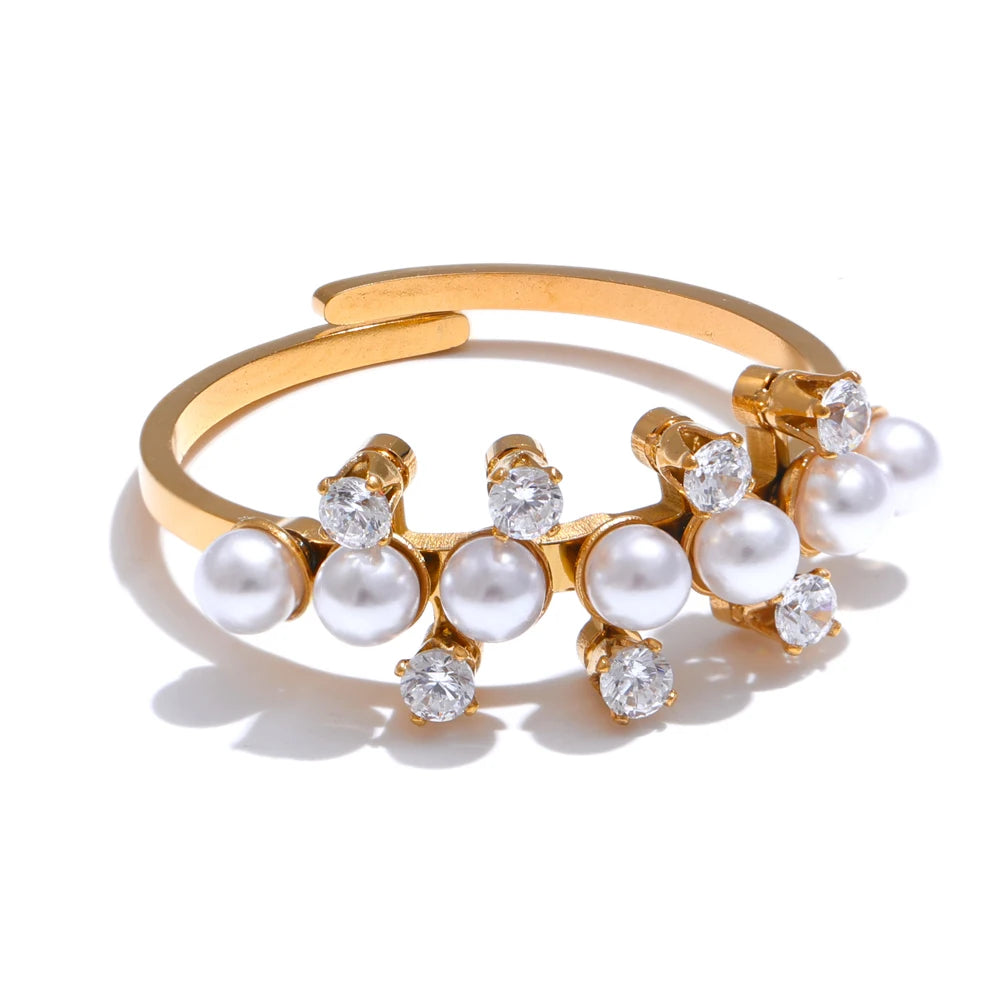 Yhpup delicado moda imitação de pérolas zircônia anel dourado ajustável para mulheres temperamento de aço inoxidável joia diária presente