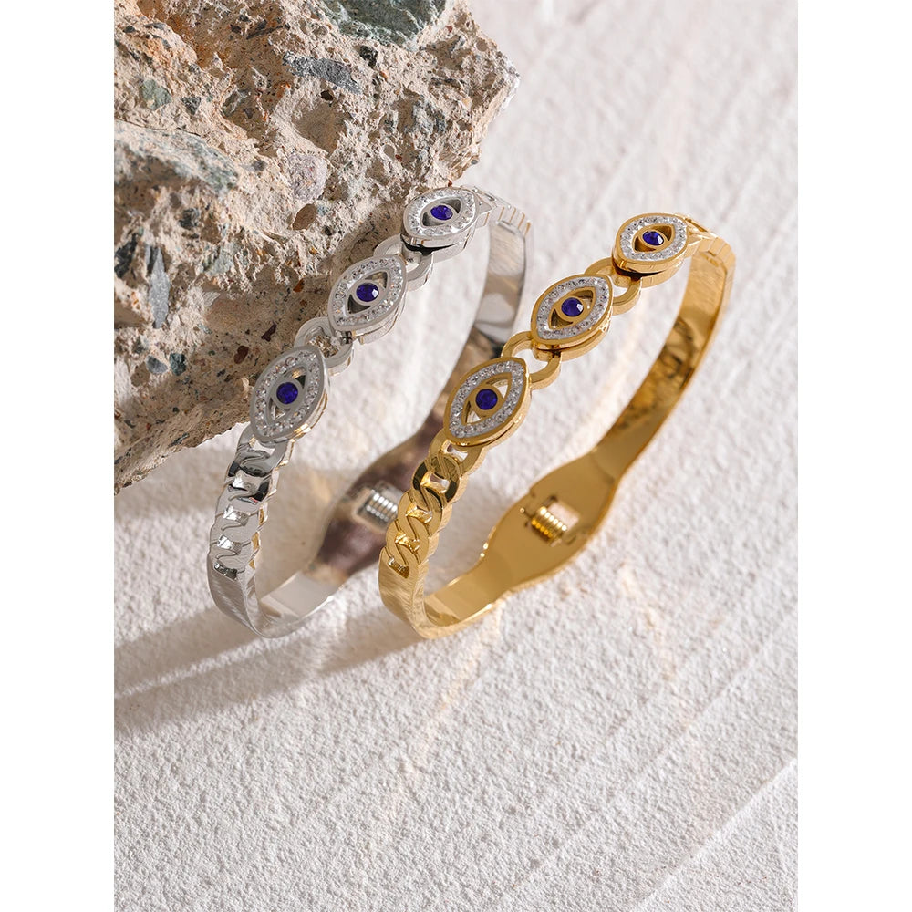 Yhpup charme turco mau olhado pulseira de aço inoxidável moda na moda zircão à prova dwaterproof água cor ouro jóias