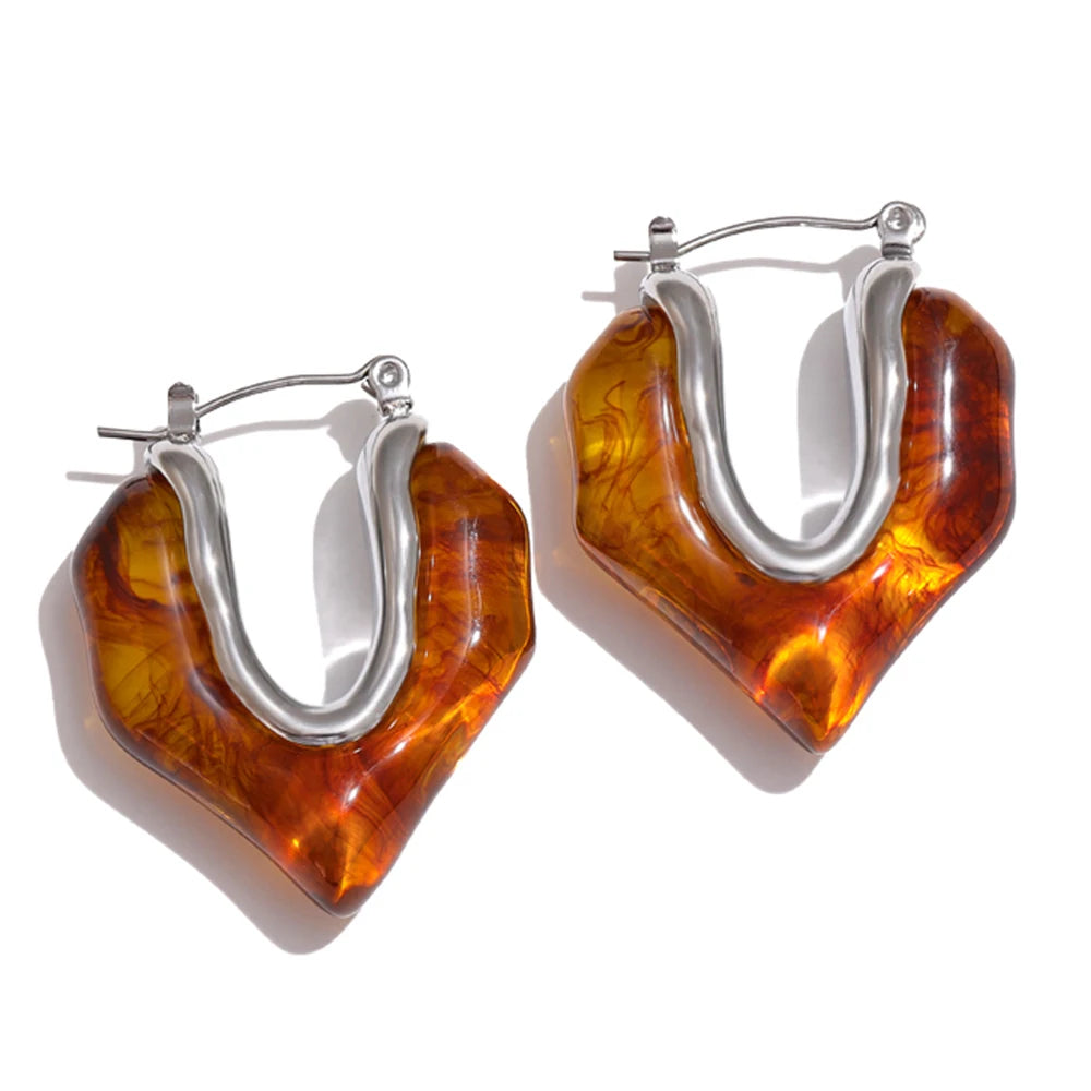 Yhpup moda âmbar resina geometria hoop brincos na moda aço inoxidável 18k pvd banhado jóias acessórios presente