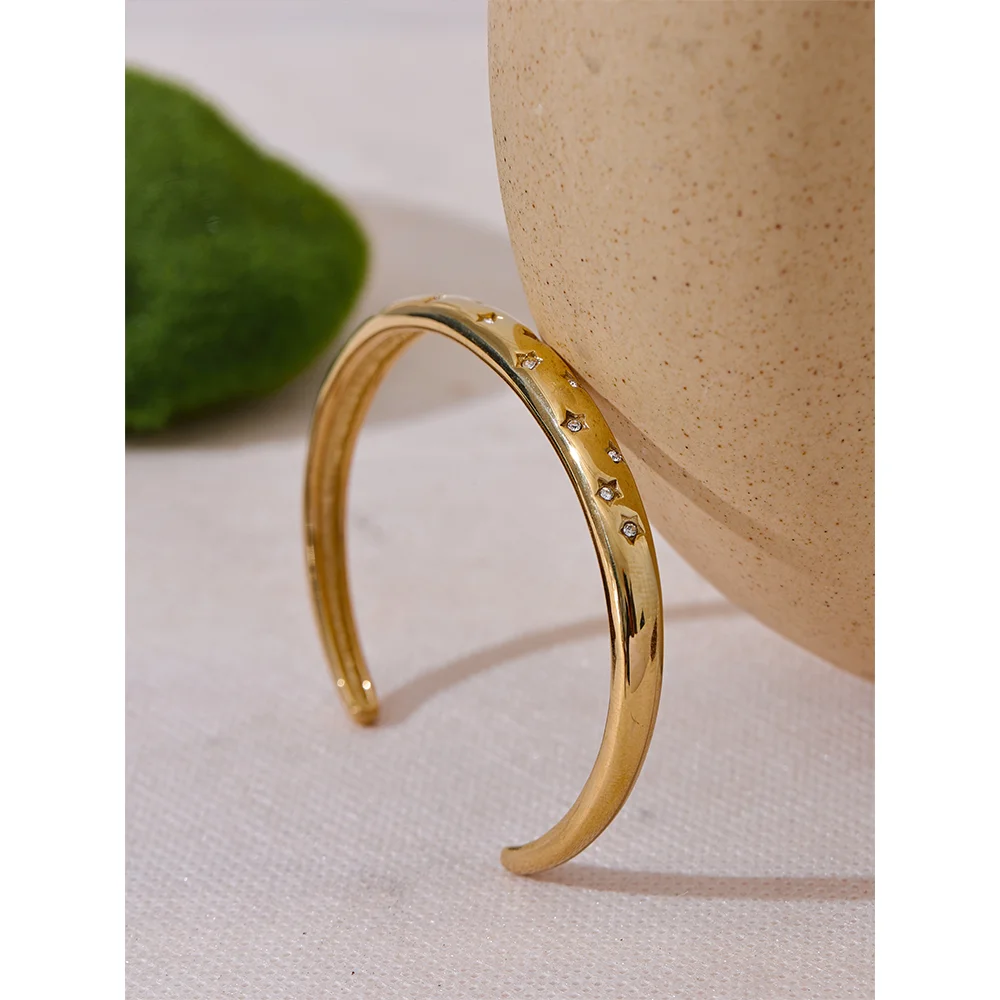 Yhpup delicado incrustado zircônia cúbica aço inoxidável estrela metal manguito aberto pulseira 18k pvd banhado charme jóias presente