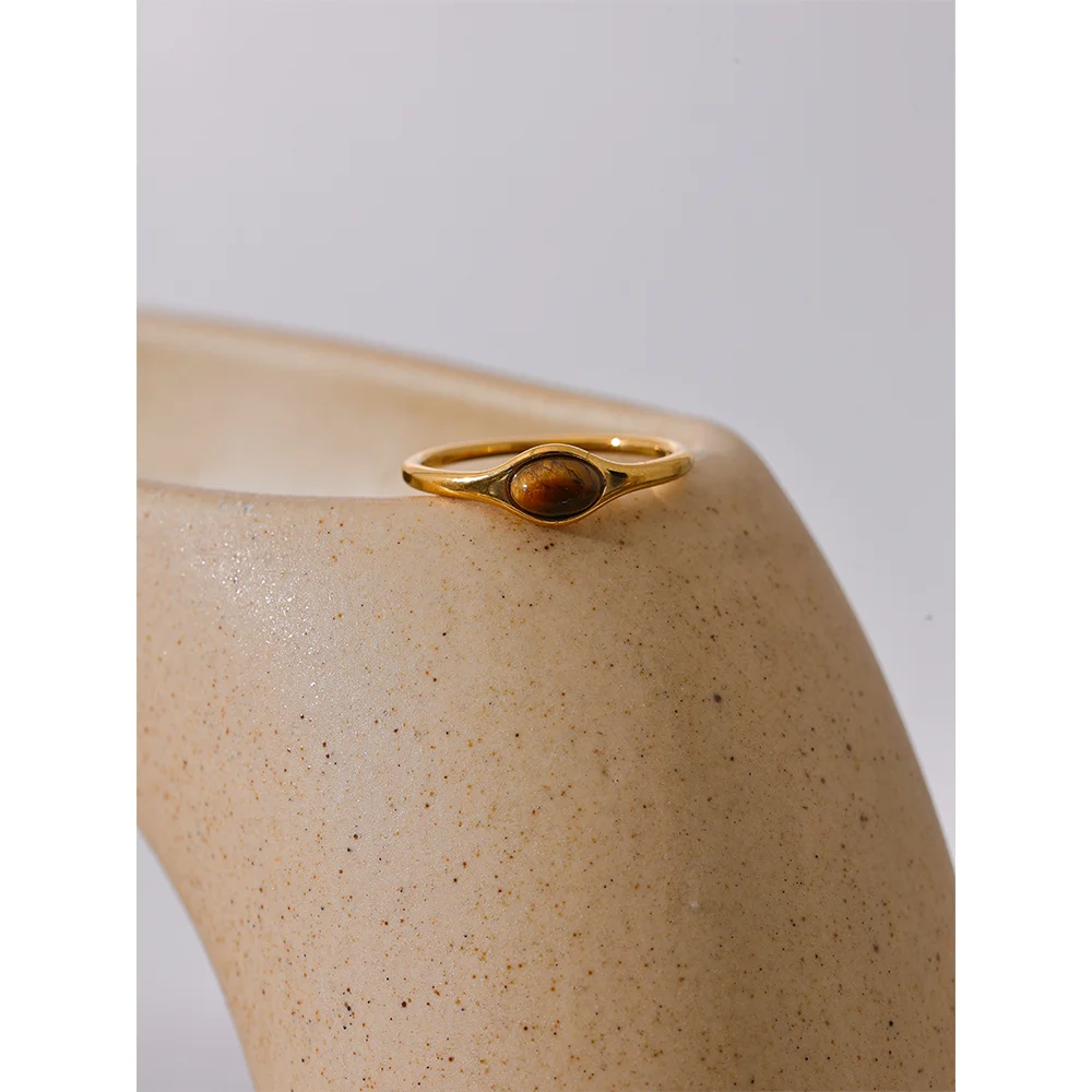 Yhpup chique pedra natural aço inoxidável moda anel minimalista cor de ouro à prova dwaterproof água frança jóias acessórios femininos presente