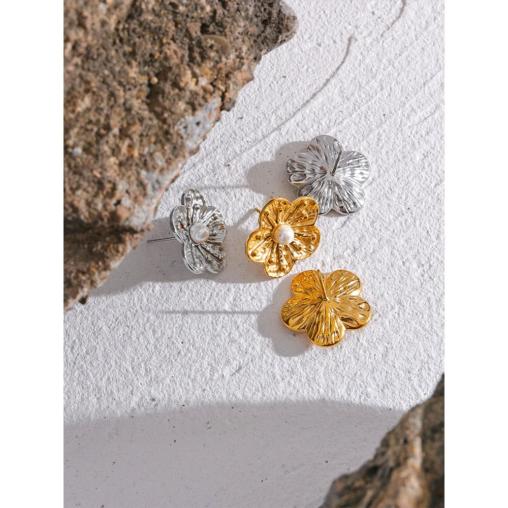 Yhpup moda flor imitação de pérolas brincos de aço inoxidável à prova d' água joias femininas 18k pvd banhado elegante bijuterias presente