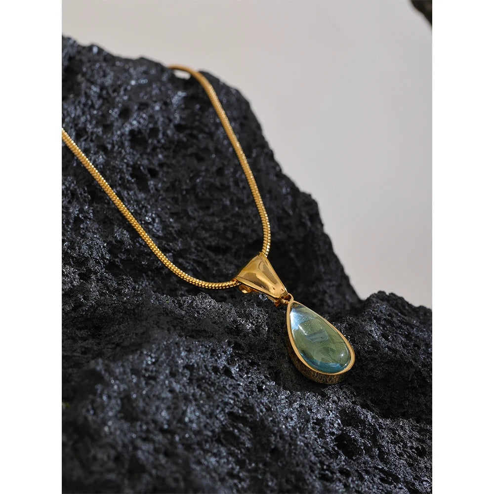 Yhpup elegante vidro verde cristal gota de água pingente colar para mulher 316l aço inoxidável fundido cor ouro moda jóias novo