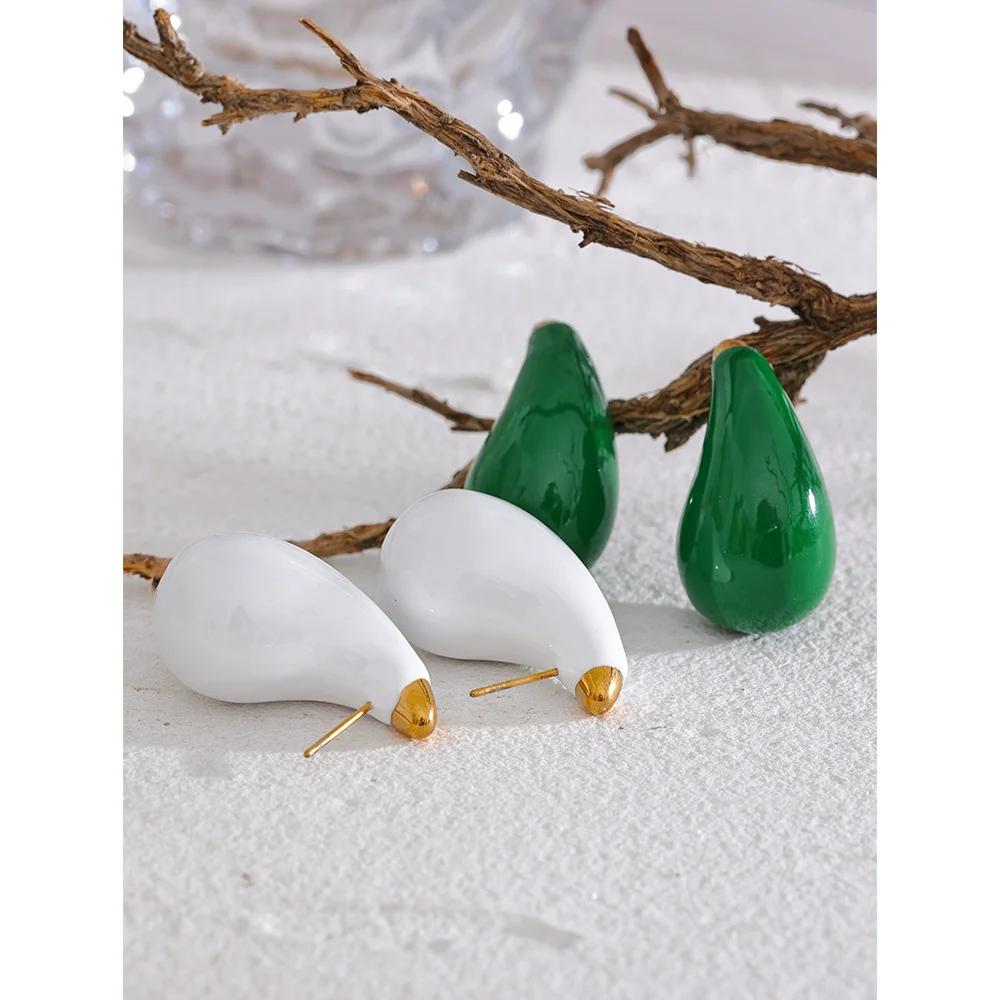 Yhpup branco verde esmalte aço inoxidável grosso gota de água brincos 18k pvd banhado à prova dwaterproof água moda jóias presente feminino