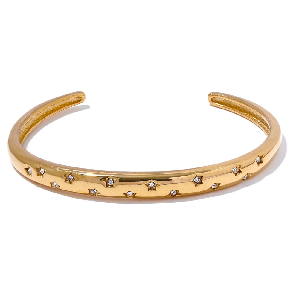 Yhpup delicado incrustado zircônia cúbica aço inoxidável estrela metal manguito aberto pulseira 18k pvd banhado charme jóias presente