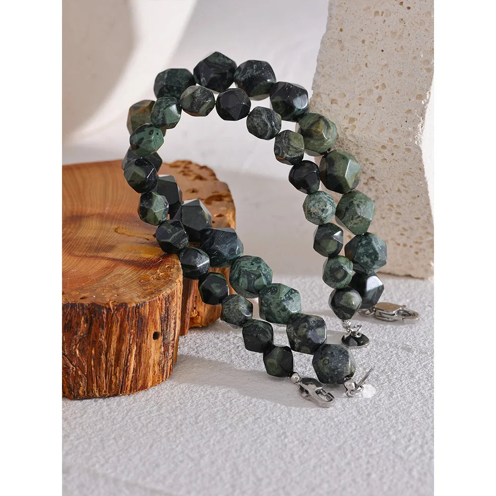 Yhpup-Natural Malaquita Pedra Contas Pulseira para Homens e Mulheres, Pulseira de Aço Inoxidável, Unisex Saúde Jóias, Cadeia Artesanal, 8 #, 10 #