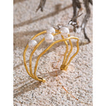 Yhpup 65mm elegância simulada pérolas em camadas oco manguito pulseira 18k cor de ouro aço inoxidável chique jóias de pulso