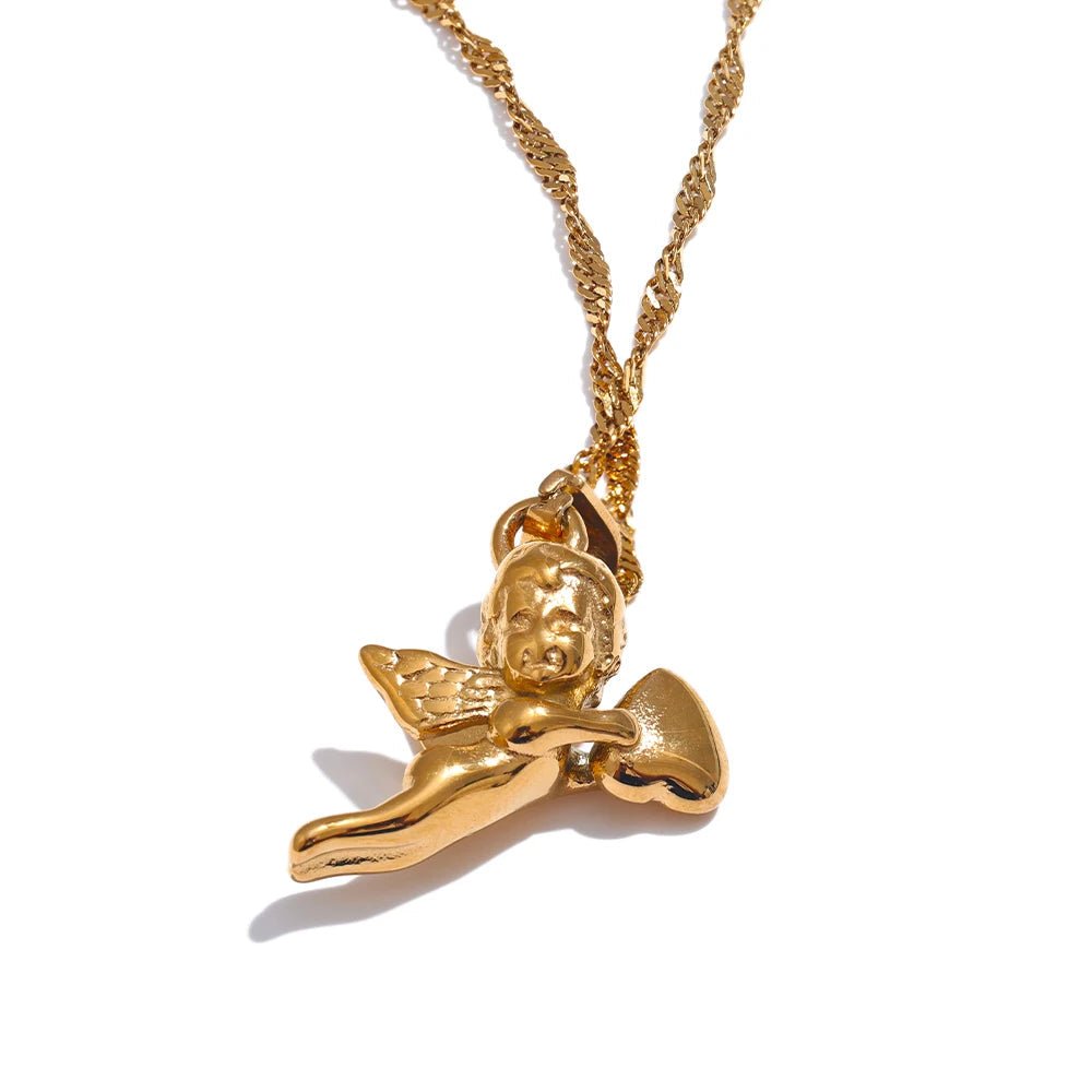 Yhpup-Colar De Pingente De Coração De Anjo, Aço Inoxidável, 18K PVD Banhado, Impermeável, Expressando Amor, Bênção, Jóias Presente, Acessórios