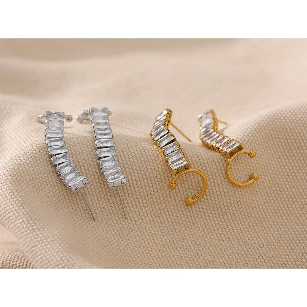 Yhpup requintado luxo bling zircônia cúbica 18k banhado a ouro aço inoxidável clipe de orelha brincos elegantes charme jóias femininas