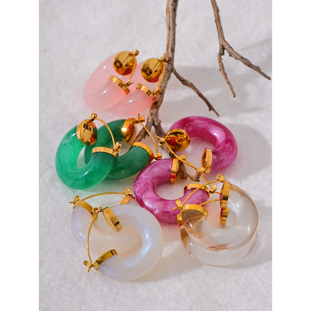 Yhpup nova resina colorida de aço inoxidável redondo y2k brincos de argola na moda uso diário orelha charme jóias bijoux presente
