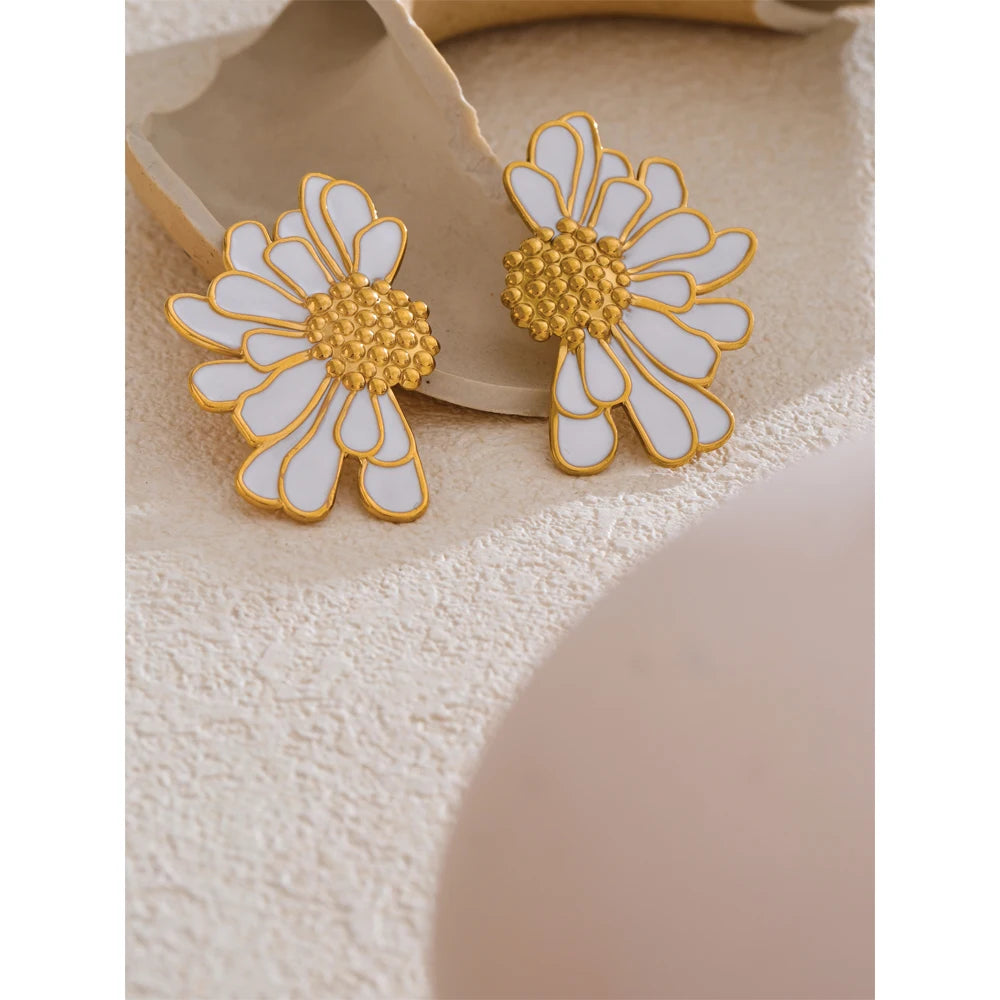 Yhpup grande branco preto esmalte flor declaração moda brincos 18k cor ouro pvd banhado a aço inoxidável jóias presente