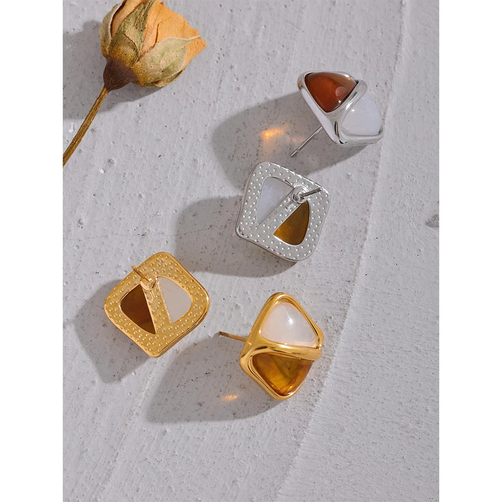 Yhpup brincos quadrados de resina de caramelo, aço inoxidável, declaração de metal, à prova d'água, vintage, elegante, frança, joias, bijuterias femininas