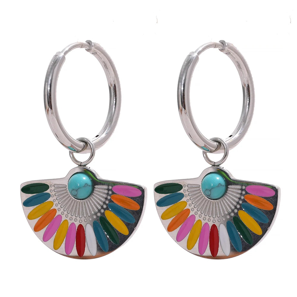 Yhpup y2k colorido esmalte ventilador de aço inoxidável geométrico boêmio arco-íris gota brincos de argola feminino na moda charme jóias