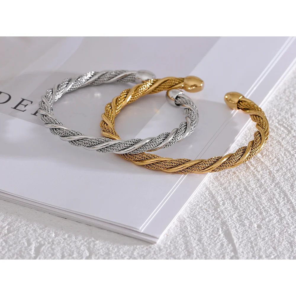 Yhpup pulseira redonda torcida de aço inoxidável à prova d'água, pulseira aberta para mulheres, textura de metal, joia de declaração, presente