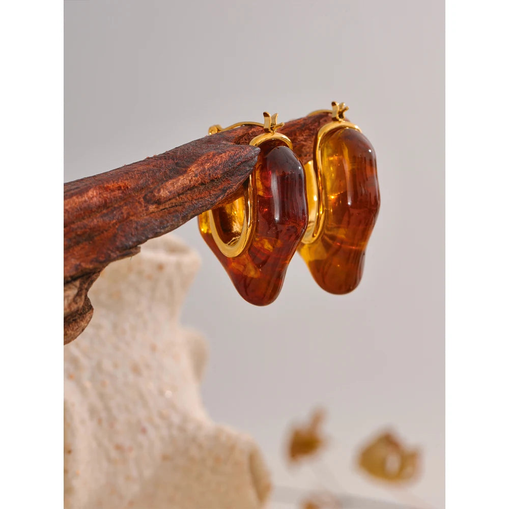 Yhpup moda âmbar resina geometria hoop brincos na moda aço inoxidável 18k pvd banhado jóias acessórios presente