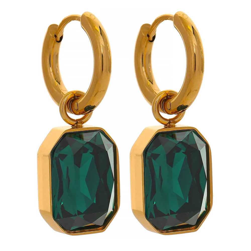 Yhpup Brincos pendentes de zircônia cúbica de aço inoxidável, brincos da moda banhados a ouro 18k, joias geométricas quadradas verdes