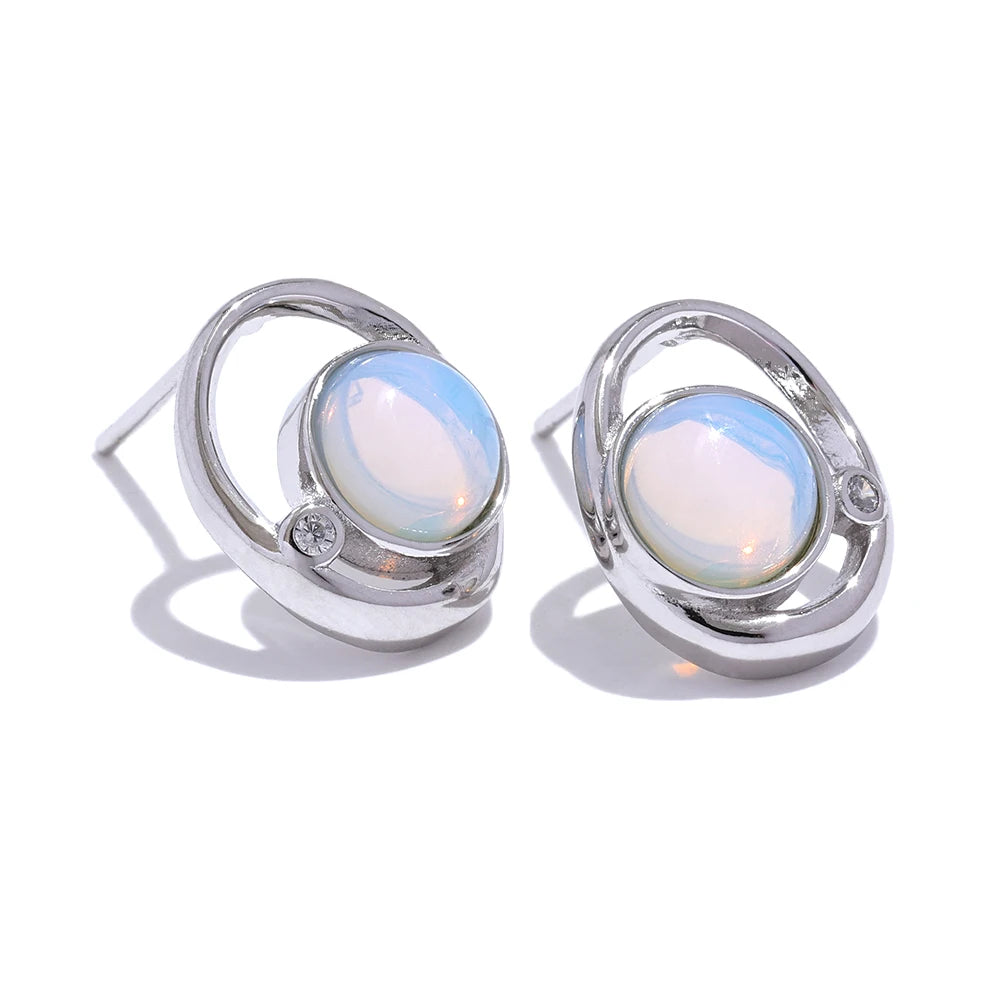 Yhpup moda pedra natural opala concha cz redondo oco brincos para mulheres s925 prata esterlina requintado chique jóias