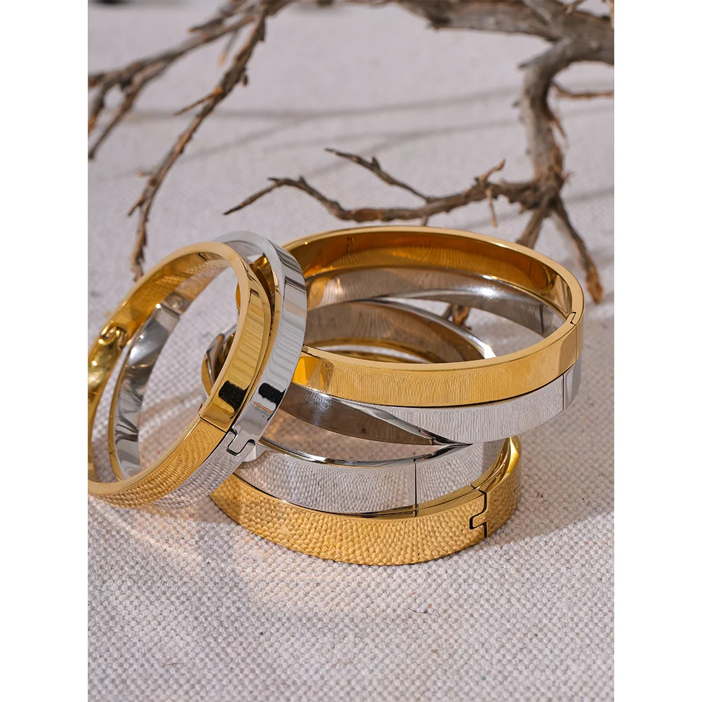 Yhpup pulseira larga redonda de aço inoxidável de alta qualidade, textura da moda, cor dourada e prateada, à prova d'água, joia, presente