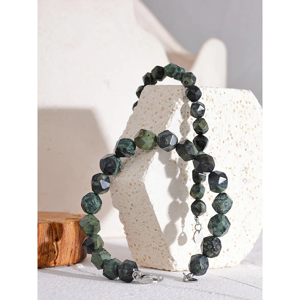 Yhpup-Natural Malaquita Pedra Contas Pulseira para Homens e Mulheres, Pulseira de Aço Inoxidável, Unisex Saúde Jóias, Cadeia Artesanal, 8 #, 10 #