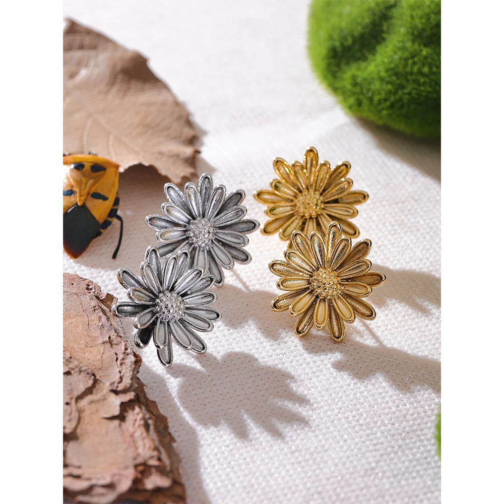 Yhpup 316L Aço Inoxidável Metal Crisântemo Flor Brincos para Mulheres 18K PVD Banhado A Prova de Ferrugem Moda Joias Diárias