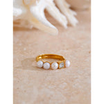 Yhpup elegante anel de zircônia com pérolas naturais para mulheres, aço inoxidável, temperamento dourado, chique, moda, joias à prova d'água