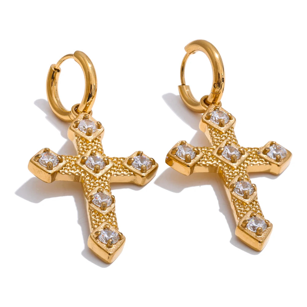 Yhpup tendência bling zircônia cúbica clássico cruz gota brincos de argola 18k cor ouro pvd banhado a aço inoxidável jóias requintadas