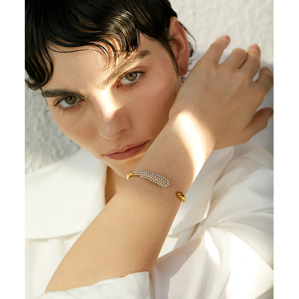 Yhpup elegante imitação de pérolas geométrica aço inoxidável 18k cor ouro manguito pulseira textura personalizada jóias presente