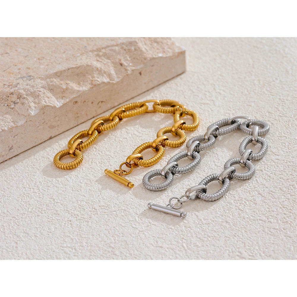 Yhpup 316L Aço Inoxidável Textura de Metal Pulseira de Corrente Oval Pulseira Homens Mulheres 18K PVD Banhado Toggle-Fechos Jóias de Declaração