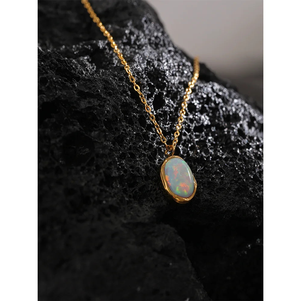 Yhpup requintado elegante processado opala pedra minimalista pequeno chique pingente colar 18k banhado a ouro jóias para presente feminino