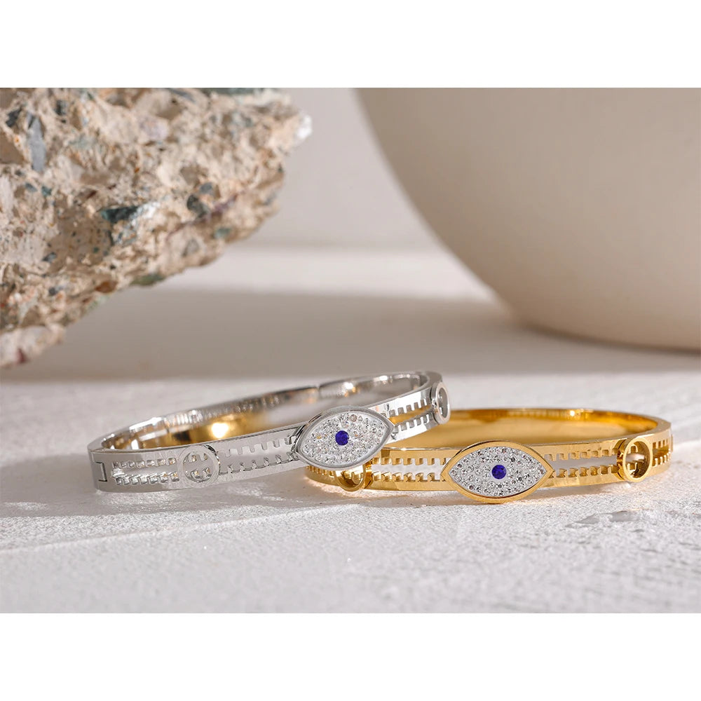 Yhpup 60mm declaração mau olhado aço inoxidável metal zircônia cúbica real banhado a ouro pulseira para mulheres moda jóias
