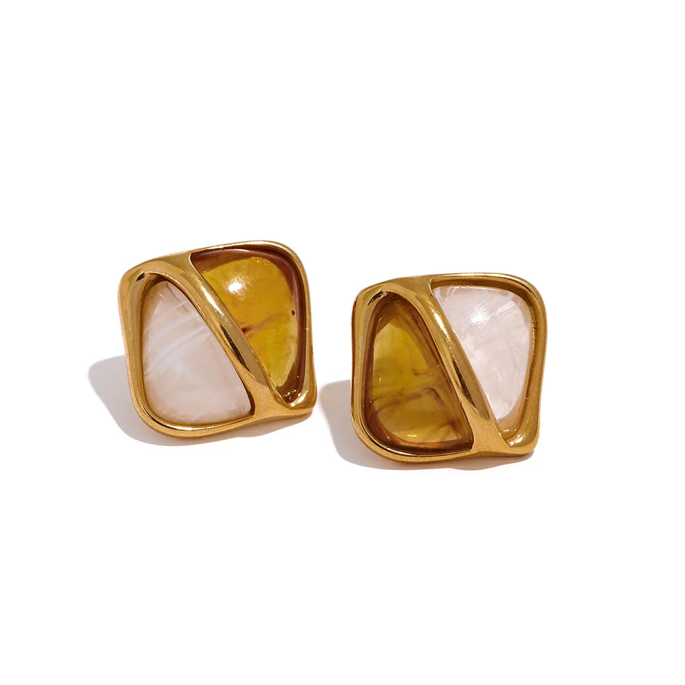 Yhpup brincos quadrados de resina de caramelo, aço inoxidável, declaração de metal, à prova d'água, vintage, elegante, frança, joias, bijuterias femininas