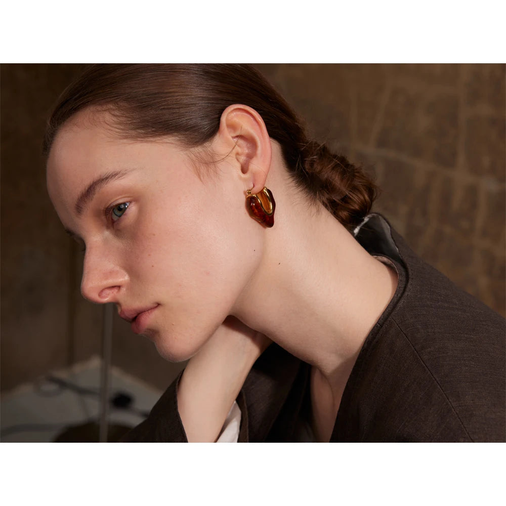 Yhpup moda âmbar resina geometria hoop brincos na moda aço inoxidável 18k pvd banhado jóias acessórios presente