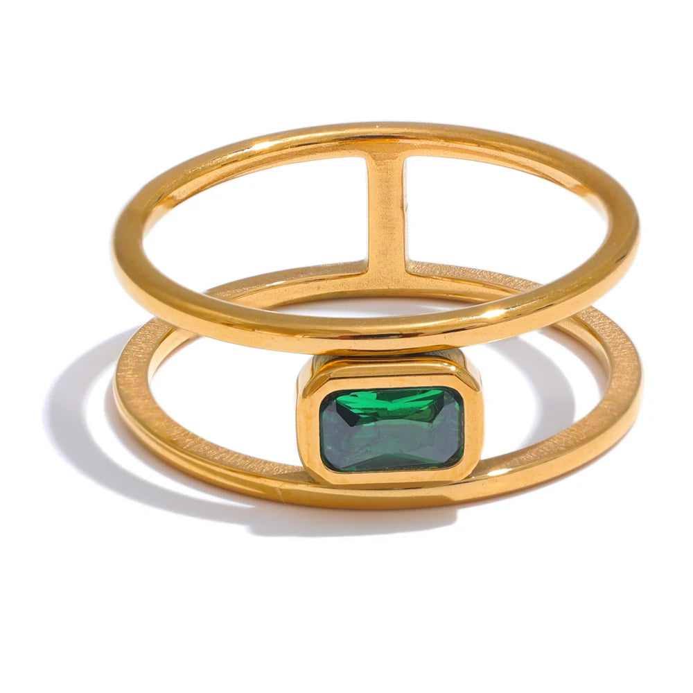 Yhpup anel de moda de zircônia cúbica verde oca de dupla camada de aço inoxidável requintado à prova de ferrugem 18K joias de dedo cor dourada
