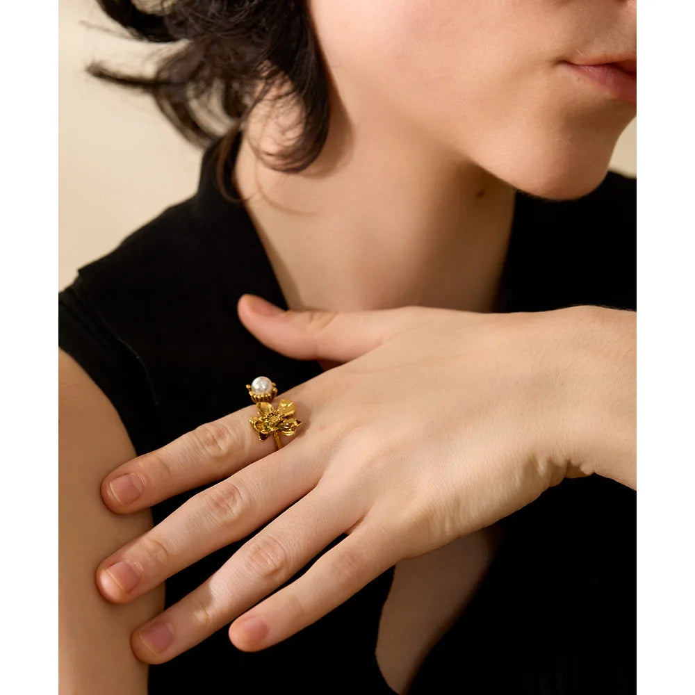 Yhpup anel de flor com pingente de moda de aço inoxidável para mulheres, declaração de personalidade, cor dourada, acessórios de joias à prova d'água