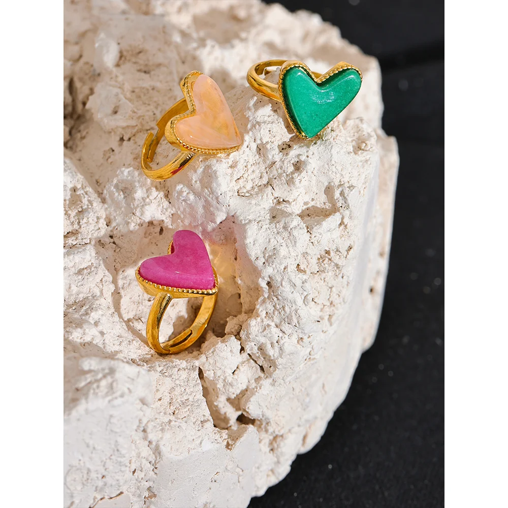 Yhpup doce y2k pedra natural de aço inoxidável coração amor anel aberto ajustável banhado a ouro real joias jovens para mulheres