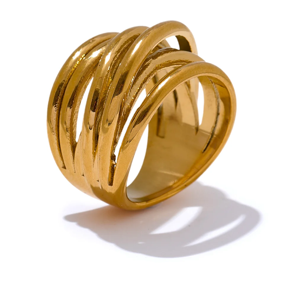 Yhpup Anel largo geométrico dourado de metal banhado a PVD 18K em aço inoxidável na moda cor dourada joias de declaração