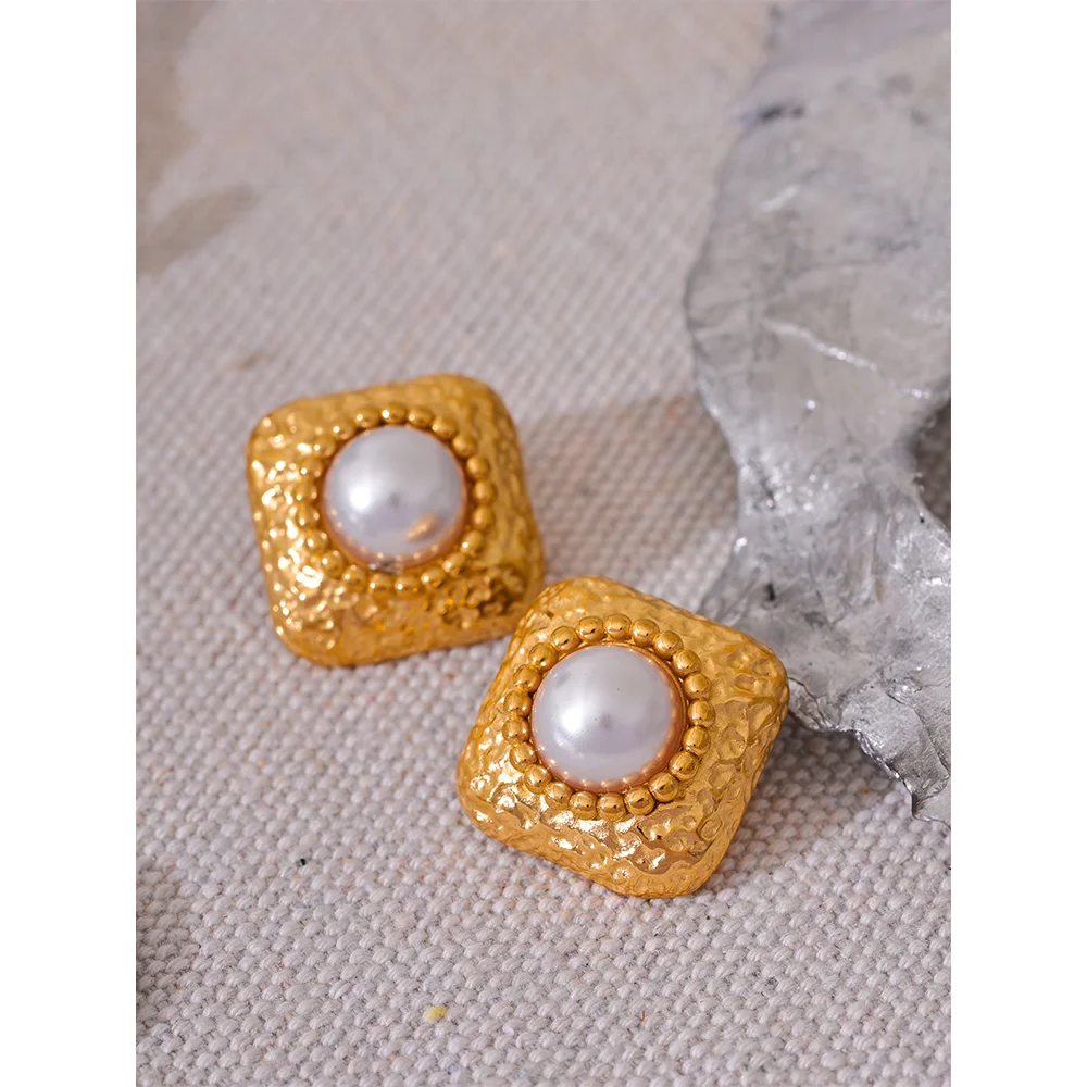 Yhpup-brincos quadrados de aço inoxidável, pérolas de imitação, jóias vintage, moda elegante, evitar alergia, metal, titânio, novo