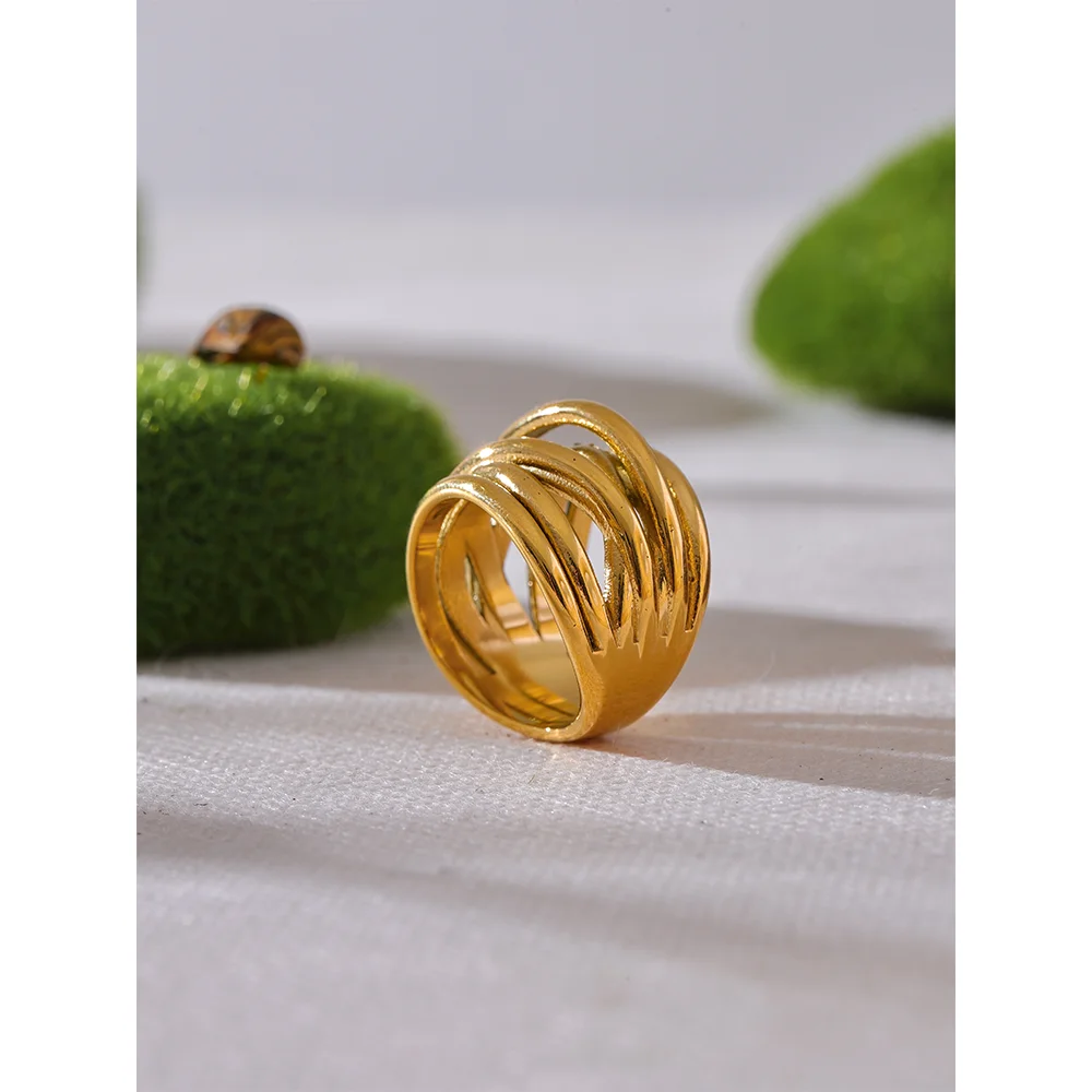 Yhpup Anel largo geométrico dourado de metal banhado a PVD 18K em aço inoxidável na moda cor dourada joias de declaração
