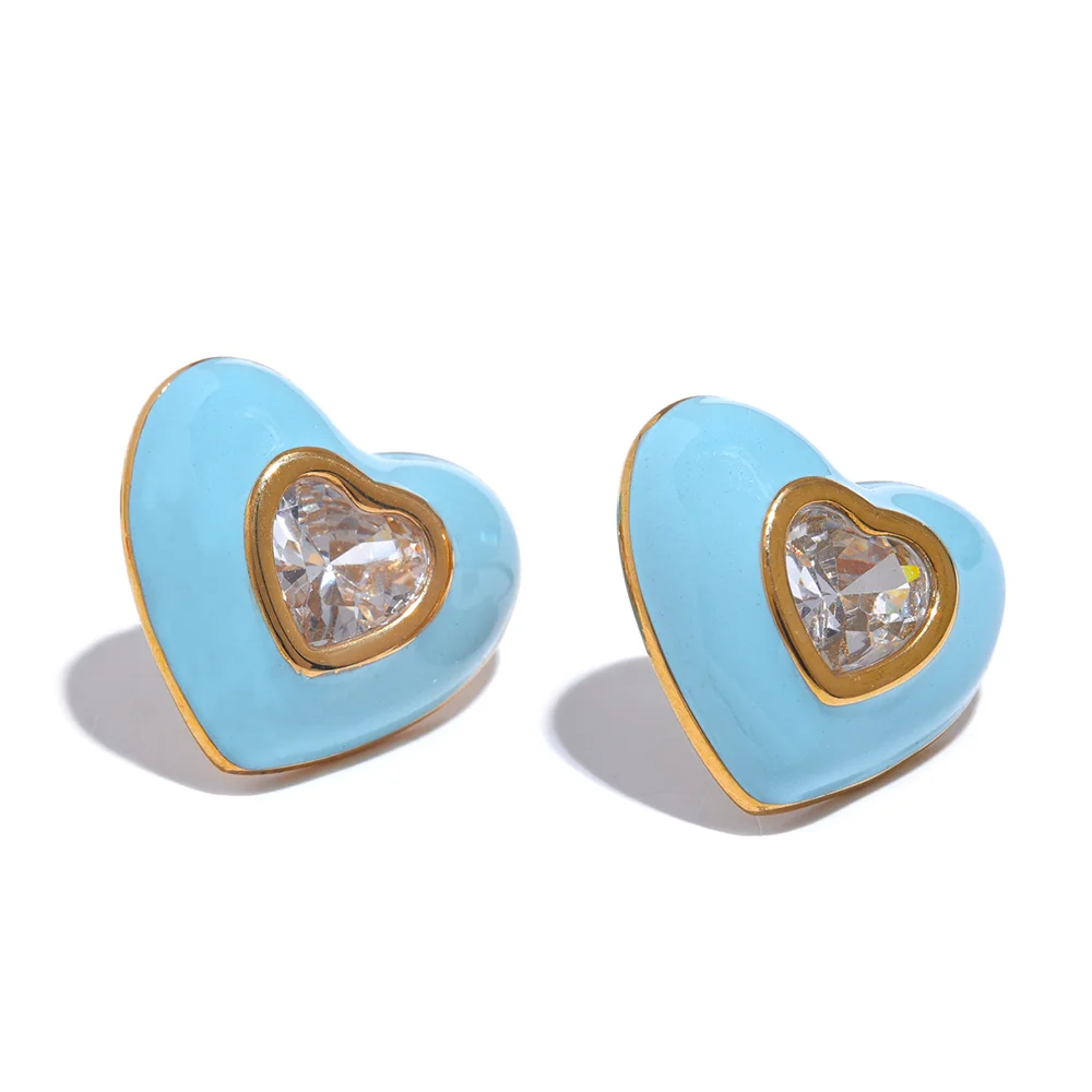 Yhpup 6 cores esmalte brilhante zircônia cúbica aço inoxidável coração colorido brincos requintados de alta qualidade joias da moda y2k