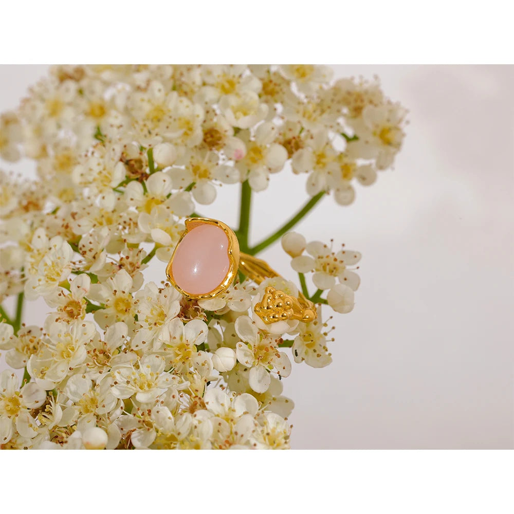 Yhpup-925 Anel Ajustável Aberto de Prata Esterlina para Mulheres, Rosa, Quartzo, Pedra, Flor, Planta, Joalheria Fina, Elegante, Requintado, Presente Chique