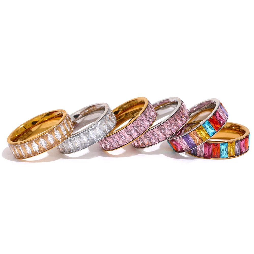Yhpup delicado brilhante colorido zircônia cúbica aço inoxidável anel múltiplo de alta qualidade luxo cz bling popular moda jóias