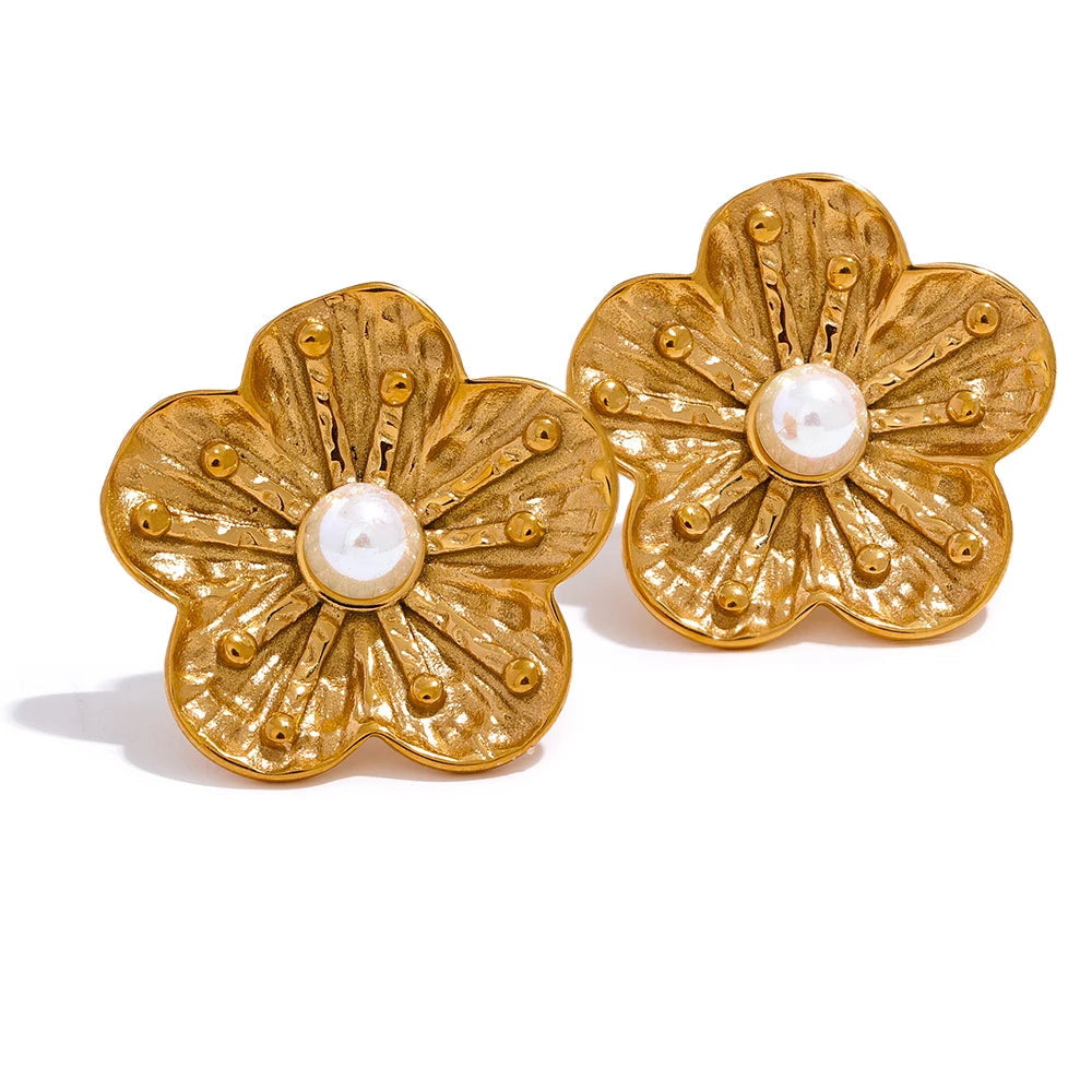 Yhpup moda flor imitação de pérolas brincos de aço inoxidável à prova d' água joias femininas 18k pvd banhado elegante bijuterias presente