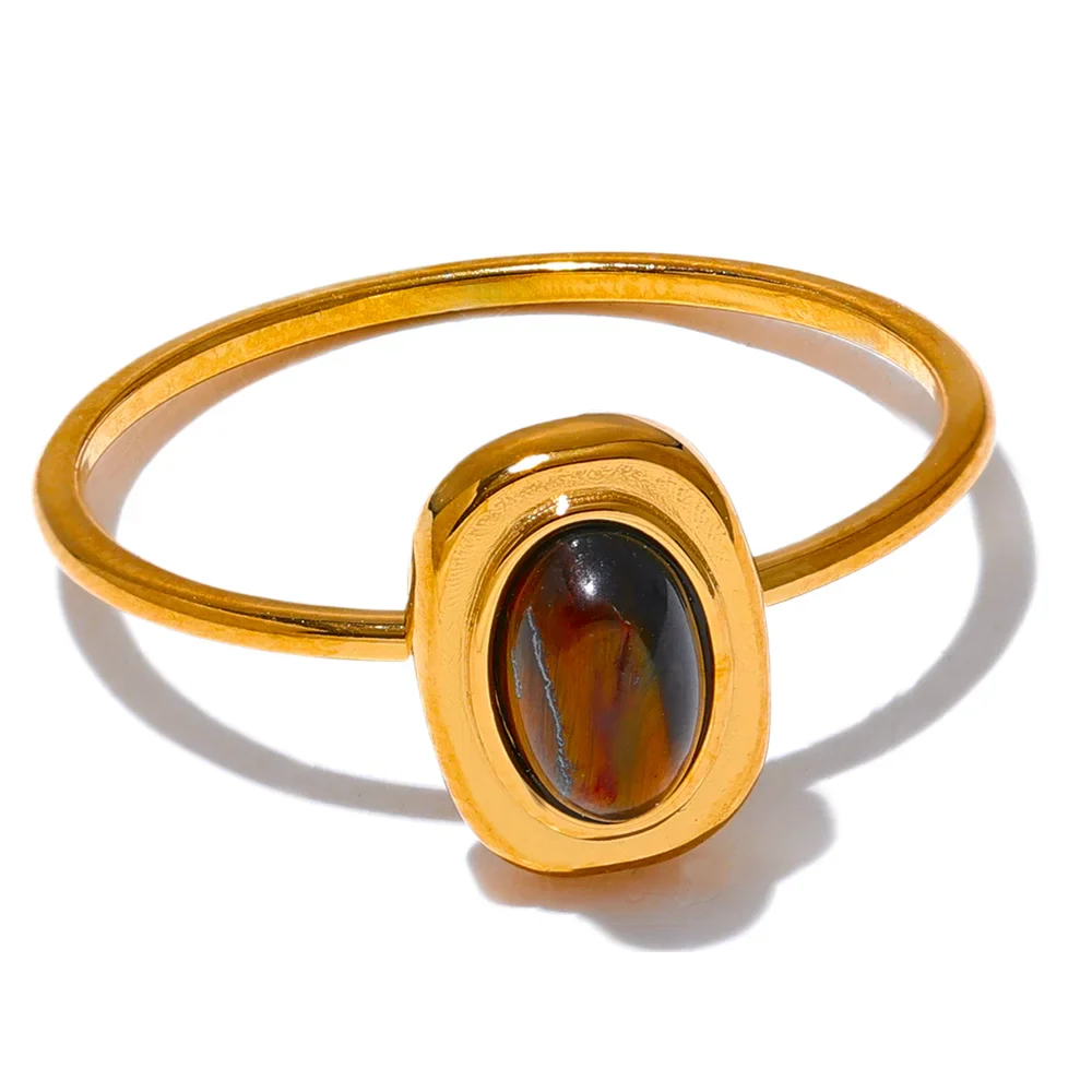 Yhpup moda pedra natural aço inoxidável oval fino chique anel feminino 18k pvd banhado à prova dwaterproof água jóias acessórios 2024 presente