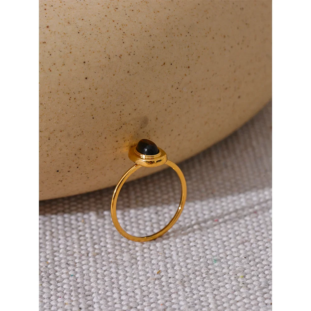 Yhpup moda pedra natural aço inoxidável oval fino chique anel feminino 18k pvd banhado à prova dwaterproof água jóias acessórios 2024 presente