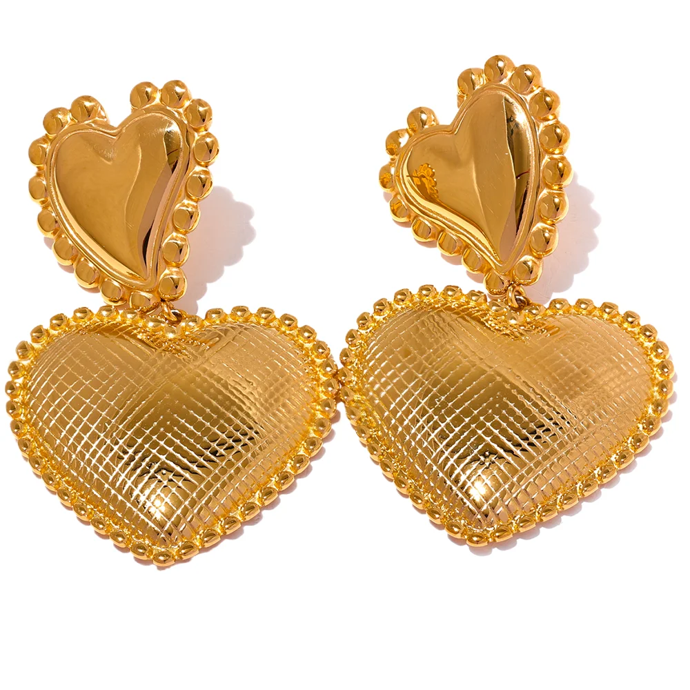 Yhpup-Coração De Metal De Aço Inoxidável e Amor Gota Brincos Românticos, 18K PVD Plated Textura Jóias, Grande Promoção, Atacado