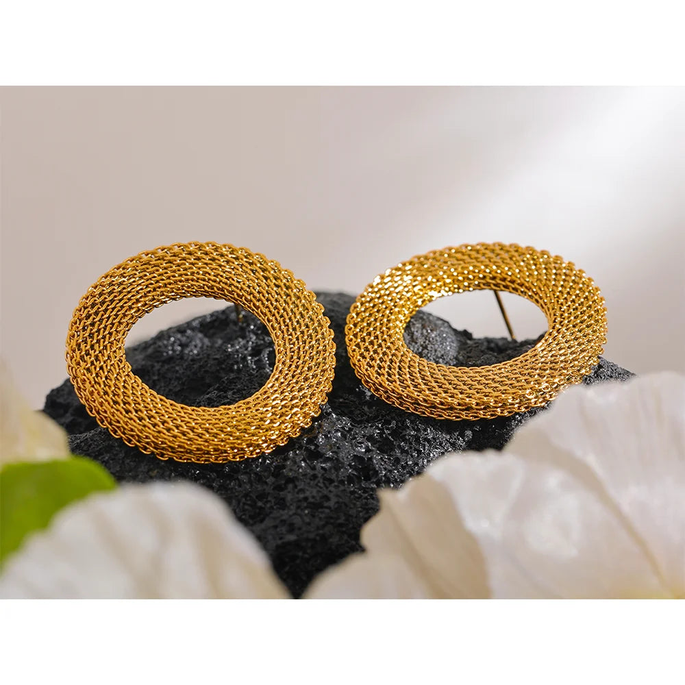 Yhpup 37mm à prova de ferrugem aço inoxidável redondo oco grandes brincos femininos charme textura de metal declaração cor de ouro jóias novo